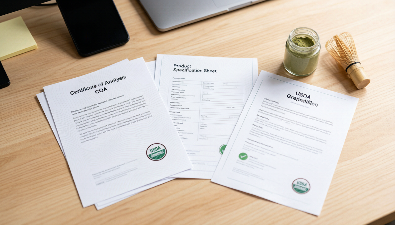 Matcha powder COA, specification sheet and certification documents for B2B buyers.
